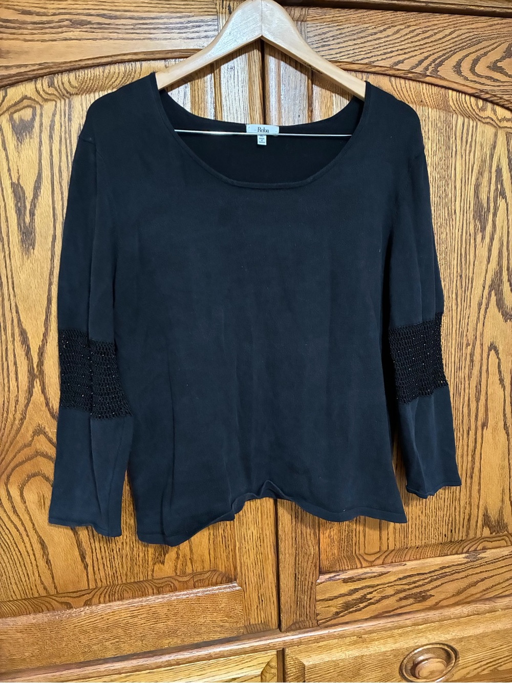 Reba Black Women’s Scoop Neck Top with Beaded Elbow Detail Country Silk Blend